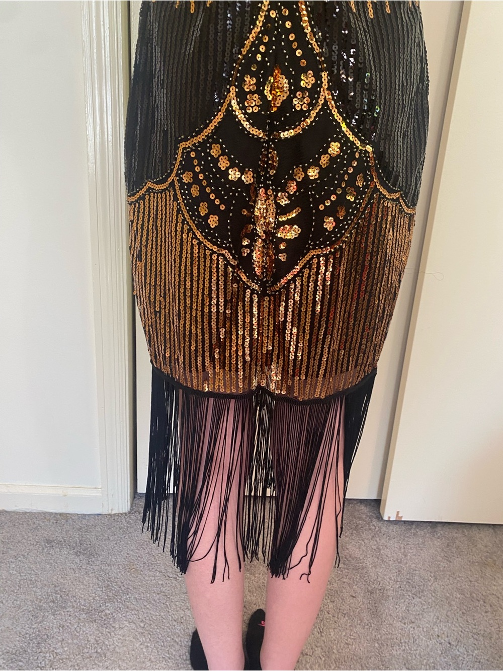 Size Small 1920s Flapper Black & Gold Sequin Fringe Midi Dress party Halloween - Picture 9 of 14